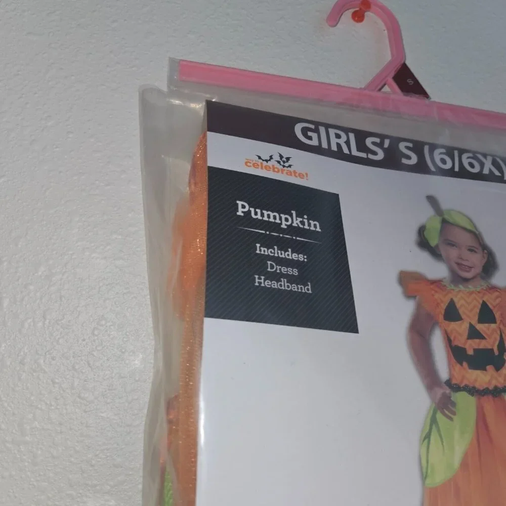NWT Pumpkin Halloween Costume Girls Small 6/6X Dress Headband Jack O Lantern